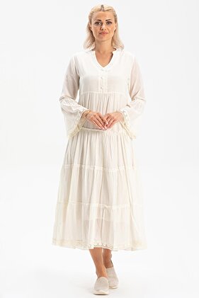 فستان طويل من الفوال Şeyma بأكمام طويلة كريمي كريمي