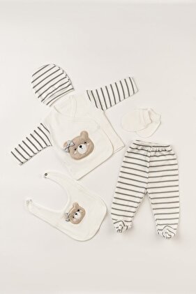 طقم بدلة قطنية فاخرة لحديثي الولادة عند الخروج من المستشفى - مع دمية دب وتطريز، صندوق وهدية