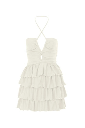 Daria Beyaz Boyundan Bağlamalı Kat Kat Fırfırlı Elbise