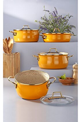 Vintage Enamel Casserole 8-Piece Induction Cookware Set Mustard Yellow