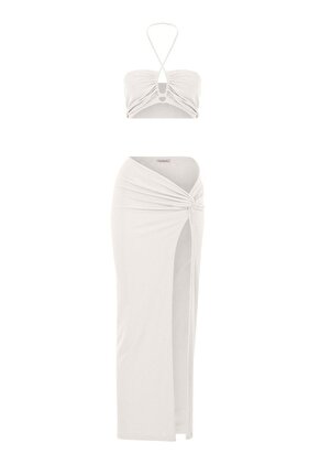 Flam Beyaz Pareo Etek Crop Top Ikili Takım