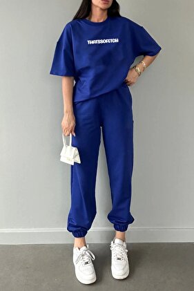 تي شيرت Thatssofetch بنطال رياضي - طقم بدلة رياضية أزرق مطبوع برقبة دائرية كبيرة الحجم