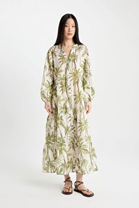 Patterned Long Sleeve Maxi Beach Dress-Fall in Love B5790Ax24Sm