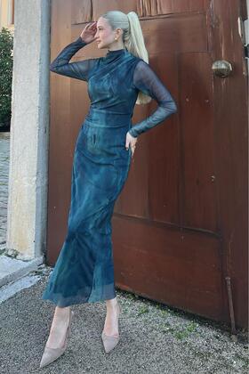 Mg2008 Model Long Sleeve Green Print Tulle Dress