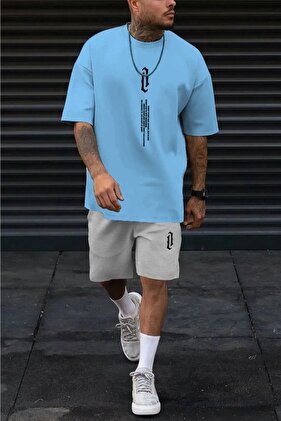 Vertical T-Shirt Shorts - Baby Blue Gray Bottom Top Combination Shorts T-Shirt Set Printed Oversize Crew Neck