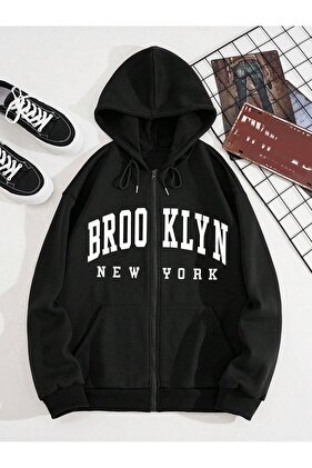 Brooklyn New York Cardigan - fekete nyomott nagyméretű kapucnis pulóver