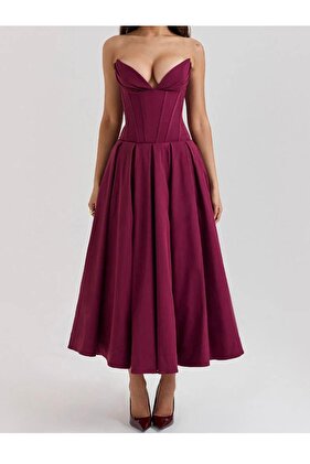 فستان ميدي بوردو بياقة على شكل قلب على شكل مشد