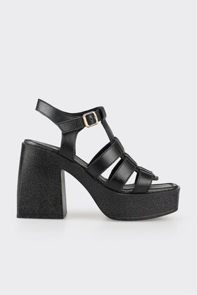 Siyah Deri Kadın Topuklu Sandalet