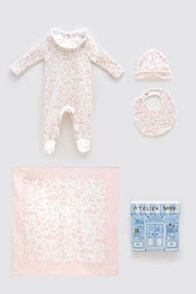 100% Cotton 4-Piece Newborn Set - Toile De Jouy / Pink