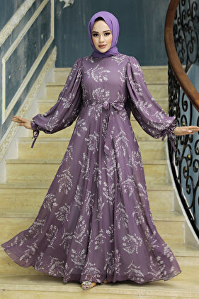 Leaf Patterned Plum Hijab Dress 33072MU