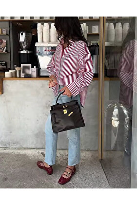 Kadın Gömlek Boyfriend Oversize Kırmızı Çizgili Gömlek Yeni Sezon Renkli Gömlek