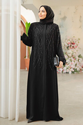 Bead Embroidered Black Hijab Ferace 29102S