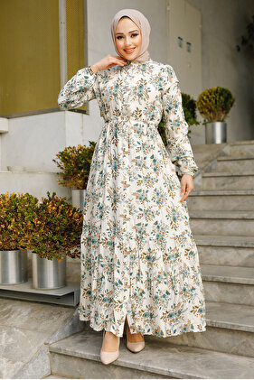 Floral Patterned Green Hijab Dress 50251CY