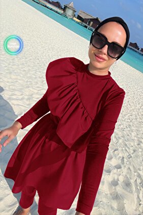 Ruffle Detail Full Covered 2-Piece Hijab Swimsuit - Claret Red