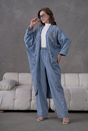 Women's Front Sequin Embroidered Stone and Pearl Detailed Denim Kimono Cardigan and Denim Trousers Top and Bottom Set