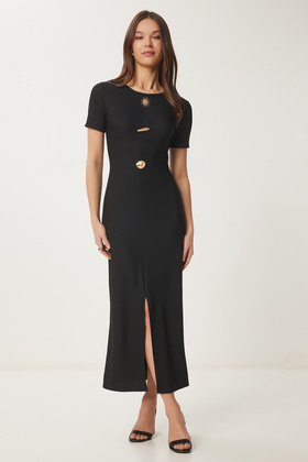 Women's Black Gold Accessory Ribbed Knitted Dress Zh00045