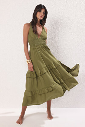 فستان شاطئ ماكسي منسوج باللون الكاكي برباط مطاطي TBESS25EL00121