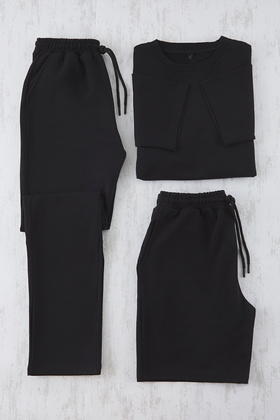 Fekete Oversize/Loose Cut 3 részes póló/rövidnadrág/melegítőnadrág tréningruha szett TEDSS25EM00000