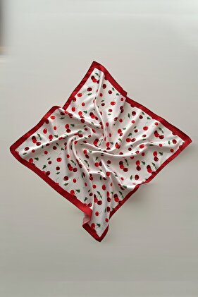 Fular Kiraz Desenli Beyaz Bandana Fular
