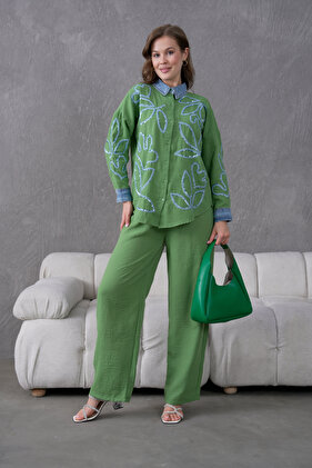 Women's Embroidered Front Collar and Cuff Denim Detail Linen Shirt and Pants Two-Piece Set