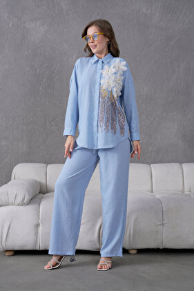 Women's Front Sequin and Embroidered Tulle Floral and Stone-Embellished Linen Shirt and Trousers Top and Bottom Set