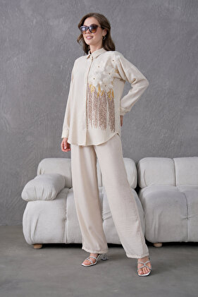 Women's Front Sequin and Embroidered Tulle Floral and Stone-Embellished Linen Shirt and Trousers Top and Bottom Set