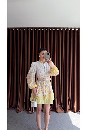 الطباعة الرقمية فستان الكتان الأصفر