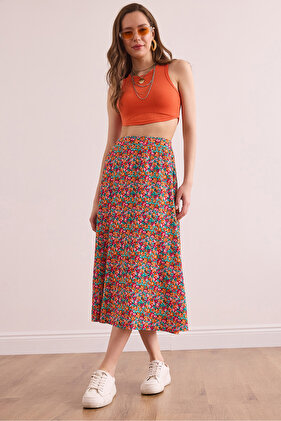 Women's Multicolored Elastic Waist Patterned Long Skirt Etk- 19000259
