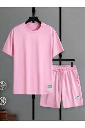 Set oversize cu imprimeu roz pentru femei, cu pantaloni scurți de sus