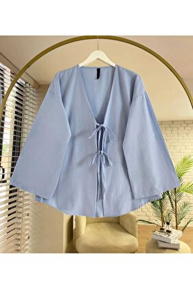 Tie Front Kimono Tunic Baby Blue Oversize New Season Comfortable Fit Tie Front