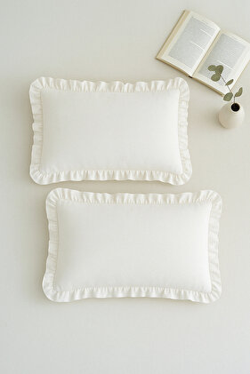 %100 Pamuk 2 Li Ekru Fırfırlı Yastık Kılıfı 50x70