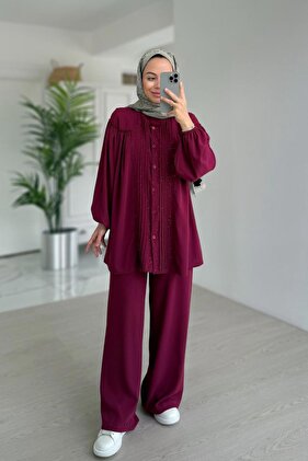 Sparkling Pleated Detailed Suit - Plum