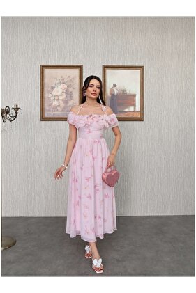 فستان رومانسي مكشكش على الكتف