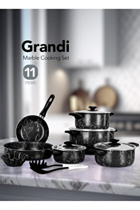 طقم طهي رخامي مكون من 11 قطعة من الأواني والمقالي بأغطية من الفولاذ المقاوم للصدأ باللون الأسود الرخامي 16-18-20-26-20-22 سم