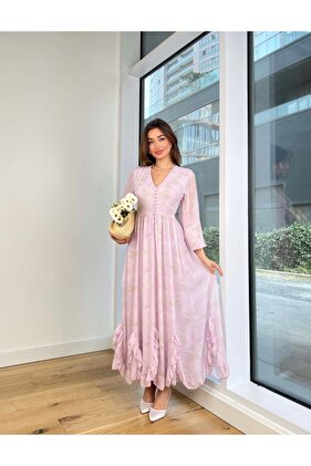 أرجواني تول الأكمام الخامس الرقبة زر كشكش فستان الشيفون