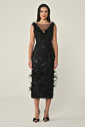 فستان سهرة نسائي بياقة على شكل V وترتر طويل باللون الأسود وأنيق وفستان العودة للوطن AB6898-BLACK