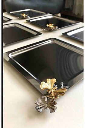 Lüx Sarı Kelebek Aksesuarlı Paslanmaz Çelik Kare 6’lı Gümüş Kahve, Çay, Dekoratif Sunum Servis Tepsi