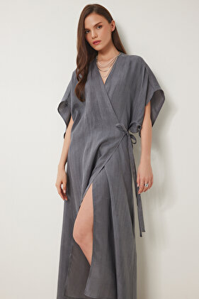 فستان صيفي متوسط ​​الطول بياقة مزدوجة الصدر مدخن LWF0028