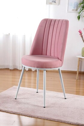 Gold Sandalye - Soho Pembe Kumaş - Metal Beyaz Ayak - Mutfak Sandalyesi - Salon Sandalyesi