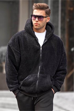 Černá plyšová pánská mikina s kapucí a zipem 6049