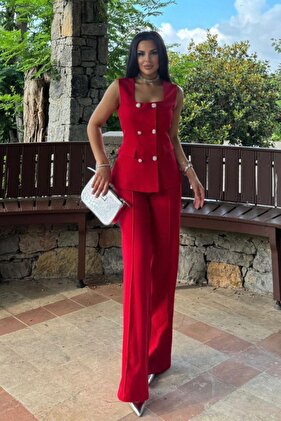 Women's Bottom Top Double Set Stylish Button Detail Square Neck Vest Pants Set