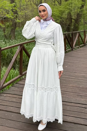 Beyaz Fistolu Bel Bağlamalı Gömlek Etek Tesettür İkili Takım (s-m-l Uygundur)