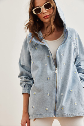 Blue Embroidered Hooded Denim Women's Jacket - Pockets, Zippered Ckt- 19000380