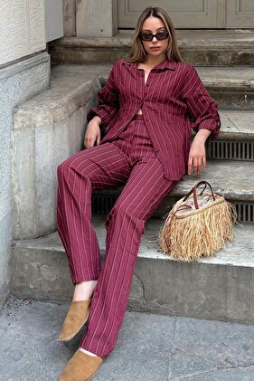 Burgundy Zeya Striped Shirt-Pants Modal Women's Bottom Top Set