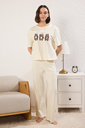Beige 100% Cotton Teddy Bear Print Knitted Pajama Set THMSS23PT00134