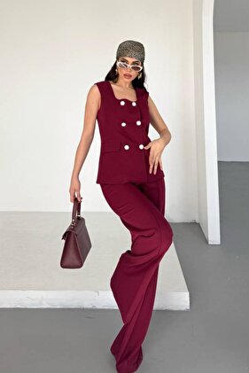 Women's Bottom Top Double Set Stylish Button Detail Square Neck Vest Pants Set