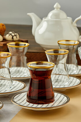 12 قطعة من فناجين الشاي والصحون مع زخرفة ذهبية تتسع لـ 6 أشخاص، طقم شاي، طقم شاي