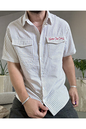 قميص رجالي - جيب مزدوج، مطرز، كم قصير، مقاس عادي، قطن