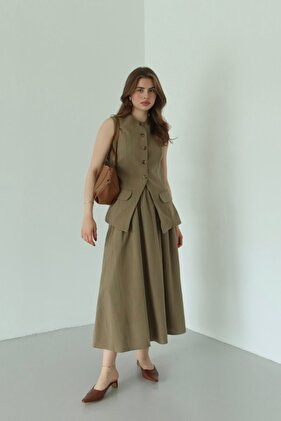 Khaki 100% Cotton Pocket Cover Vest Skirt Set - 8656