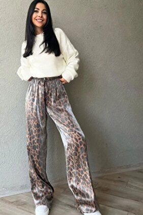 Brown Leopard Print Full Flexible Trousers with Elastic Waist